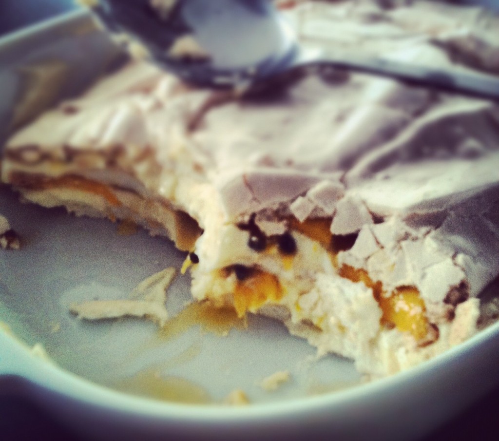 Mango and passionfruit pavlova with mascarpone cream