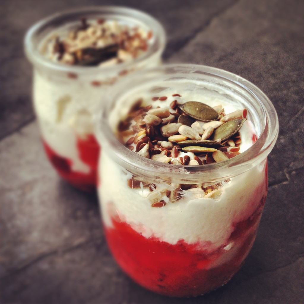 Home made Greek-style yoghurt with strawberry compote and seeds